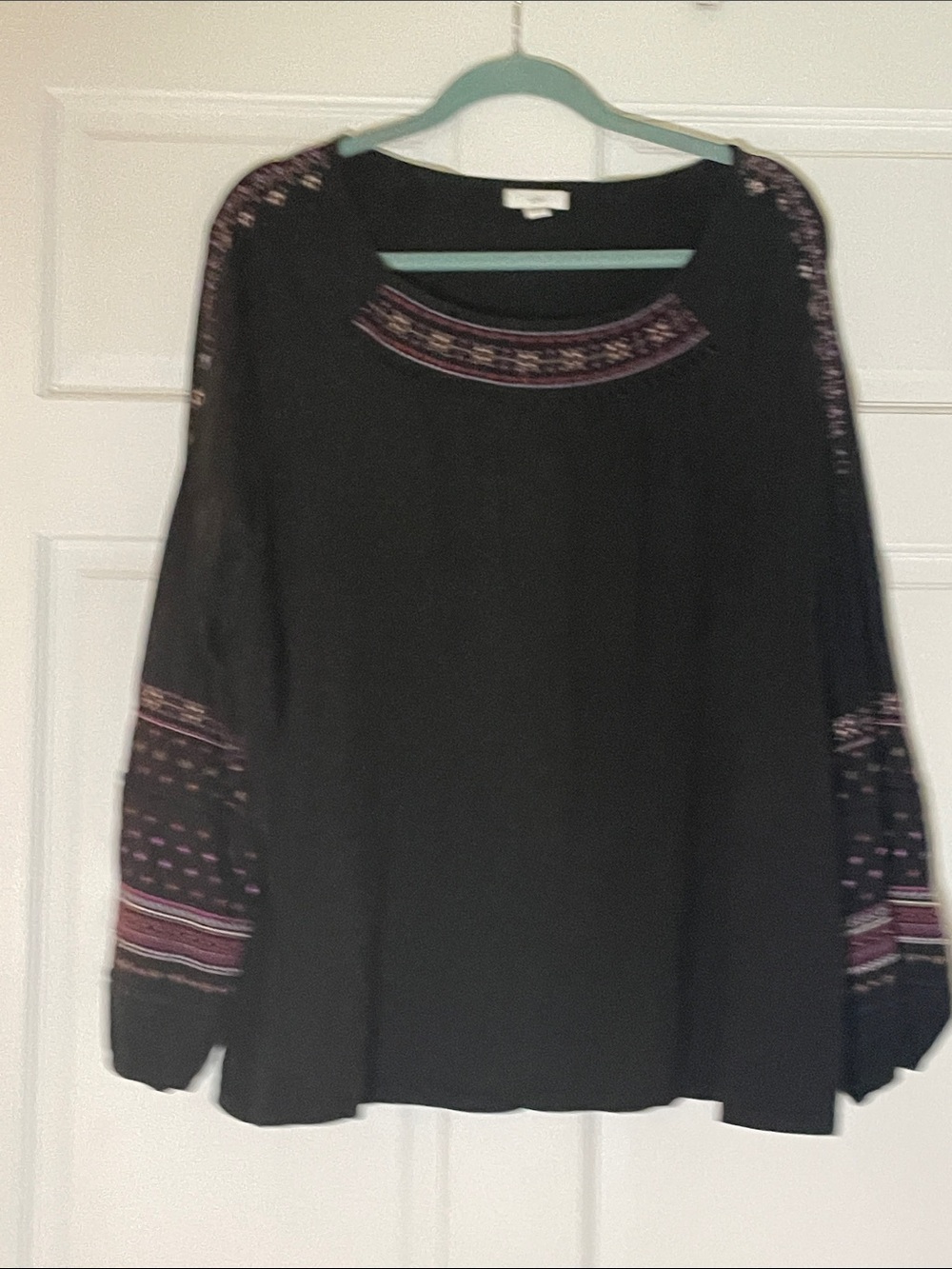 J. Jill Black Embroidered Long-Sleeve Tunic with Pink & Purple Accents Plus Size